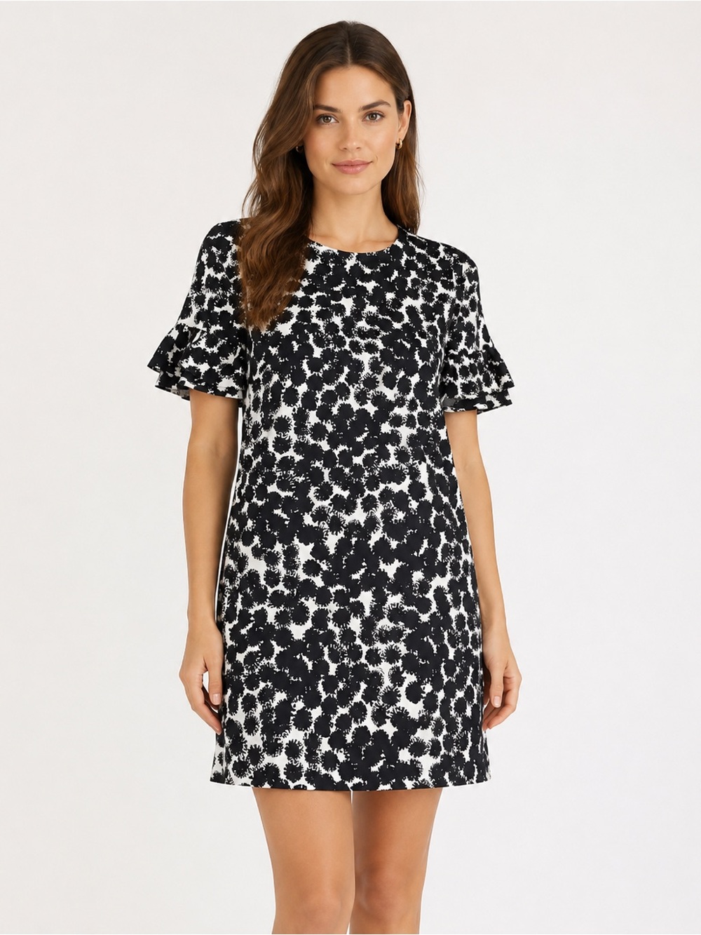 Trina Turk Black White Abstract Floral Ruffle Sleeve Shift Dress Size 6